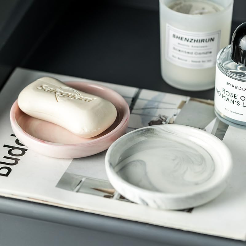 Round Marble Soap Tray, Small Ceramic Soap Dish, Cute Women Trinket Plate (Pink) - color: Pink