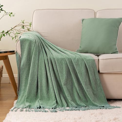 BATTILO HOME Sage Green Chenille Throw Blanket for Couch, Soft Cozy Textured Green Knit Throw Blanket with Handmade Fringe Tassels, Lightweight Decorative Farmhouse Blanket for Sofa Bed Chair, 50"x60" - color: Sage Green