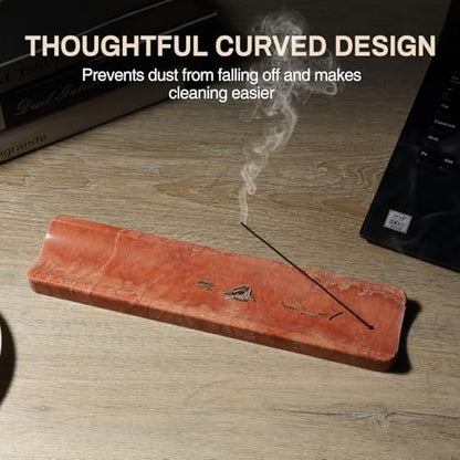 Natural Travertine Incense Holder, Incense Holder for Sticks with 9 Holes, Handmade Incense Burner Ash Catcher for Meditation Yoga SPA, Balsam Fir/Palo Santo/Sage/Cone Incense Holder(Red) - color: Red Travertine