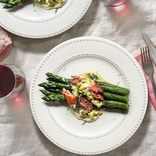Dinner Plates Set of 4, 10.5 inch White Ceramic Plates, Embossed Salad Plates, Serving Plates for Steak Appetizer, Reusable Kitchen Dining Plates for Restaurant, Dishwasher Microwave Safe - color: 10.5 inch-White- Dot-4pcs