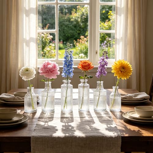 Mini Ribbed Glass Bud Vases Set of 6, Small Fluted Glass Flower Vases for Wedding Reception Centerpieces, Tabletop Decorations, Modern Home Decor