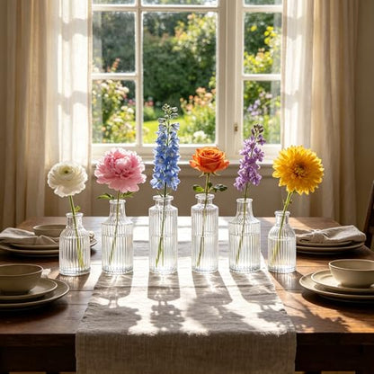 Mini Ribbed Glass Bud Vases Set of 6, Small Fluted Glass Flower Vases for Wedding Reception Centerpieces, Tabletop Decorations, Modern Home Decor