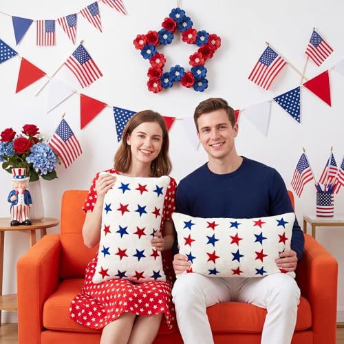 Tiamon 4 Pcs Patriotic 4th of July Throw Pillow Covers 11.8 x 19.7 Inch Red White Blue Stars Plush 3D Embroidered Pillow Cases USA Flag Independence Veteran's Day Cushion Covers for Bed Sofa Couch - style: Patriotic Rectangle