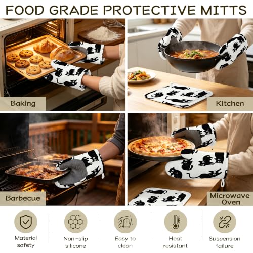 Oven Mitts and Pot Holders Cute Black Cat Silicone Kitchen Accessories Set of 4 Heat Resistant Gloves Potholder Non-Slip Grip for Chef Cooking Baking Grilling BBQ - color: Cute Black Cat