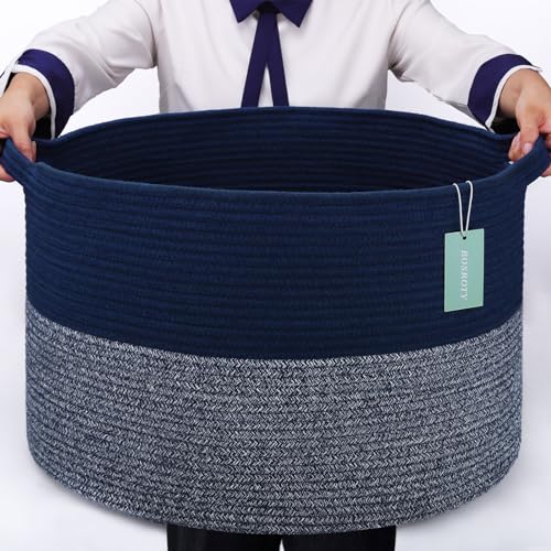 Large Cotton Rope Blanket Basket, 87L Laundry Hamper, Navy Blue | Collapsible Woven Nursery Hamper, Sturdy Handles for Clothes Toys Towels, Ideal for Living Room Bedroom Bathroom - color: Navy Blue, size: 87L (22"x14")
