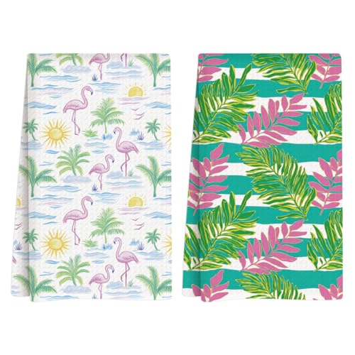 Summer Flamingo Kitchen Towels, Summer Kitchen Bathroom Decor, Housewarming Gifts, Palm Tree Waffle Decorative Dish Hand Towel for Seasonal Holiday Bathroom Home Baking Set of 2 14x24 Inch - color: Flamingo Palm Tree