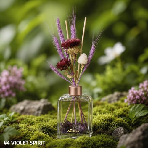 Reed Diffuser Home Fragrance Set 6oz with Real Dried Flowers & Natural Crystal Stones for Positive Energy – DIY Aromatherapy Gift, Safe for Kids and Pets (Violet Spirit)