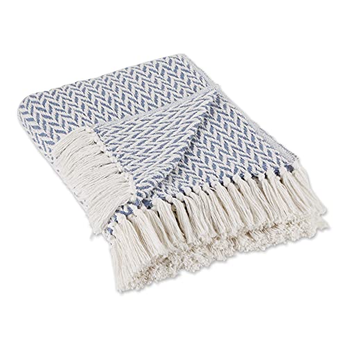 DII Modern Zig Zag Throw Blanket Woven Cotton, Hand-Knotted 2.5" Fringe, 50x60, Stonewash Blue - color: Stonewash Blue, size: 50x60"