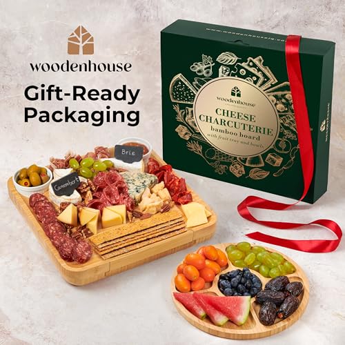Bamboo Charcuterie Boards Gift Set - Meat and Cheese Tray with Utensils | Fruit Server & 2 Sauce Bowls Included – House Warming, Wedding & New Home Present