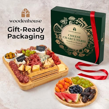 Bamboo Charcuterie Boards Gift Set - Meat and Cheese Tray with Utensils | Fruit Server & 2 Sauce Bowls Included – House Warming, Wedding & New Home Present