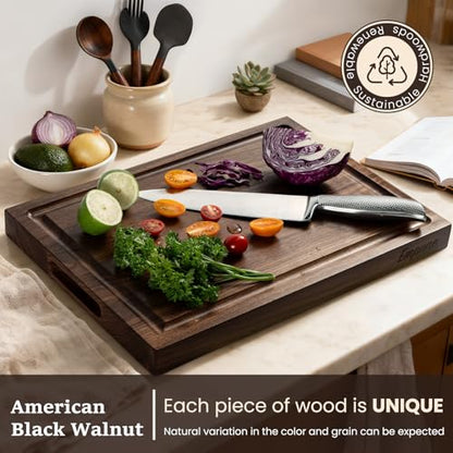 Empune Black Walnut Wood Cutting Boards for Kitchen Wooden Cutting Board with Handle, Chopping Board with Built-in Juice Groove & Well, Heavy-duty Charcuterie Board Butcher Block, 16.5x11.8x1.4 Inches - color: Black Walnut