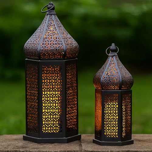 Vela Lanterns Decorative Indoor Black Moroccan Temple Lanterns, Set of 2 | Black Ramadan Decorations for Home, Eid Islamic Candle Holder For Table Centerpieces or Hanging, 11in & 15.25in Tall - color: Black