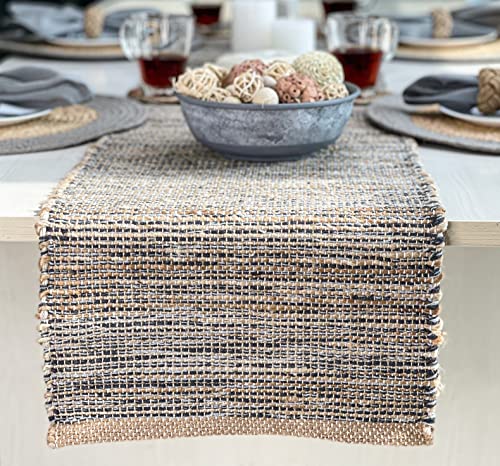 Natural Jute Table Runner 13x108 Inch – Vintage Boho Rustic Table Decor – Handwoven Long Table Runner in Natural Jute and Grey – Farmhouse Dining or Console Table Accent - color: Natural Jute-grey, size: 13x108 Inch.