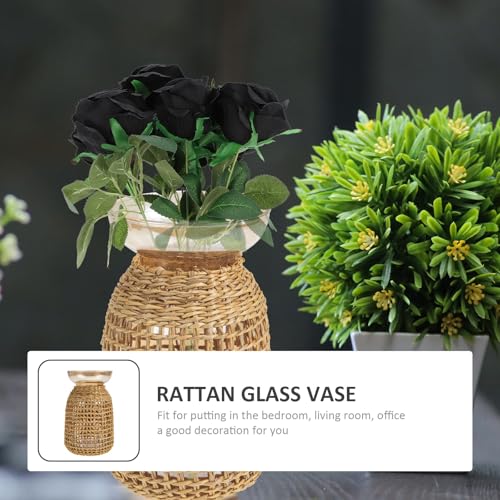 Ipetboom Rattan Cover Small Glass Flower Vase Amber Inner Bottle Decorative Straw Holder for Desktop Flower Arrangement Home Living Room Décor