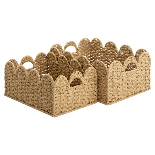 StorageWorks Scalloped Wicker Basket, Woven Baskets for Storage, Large Baskets with Handles, Paper Rope Basket for Organizing and Decor, 2 Pack - color: Natural(Paper Rope), size: 15" L x 11" W x 7" H