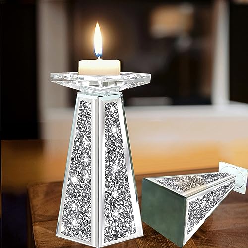 Wocred 2 Piece Candlestick Holders for Holding Pillar Candles, Crystal Crushed Diamond Candle Holders Set Decor for Dinning Room, Silver Glass Votive Candle Holders for Table Centerpiece(8”) - size: 8 Inch Diamond Silver
