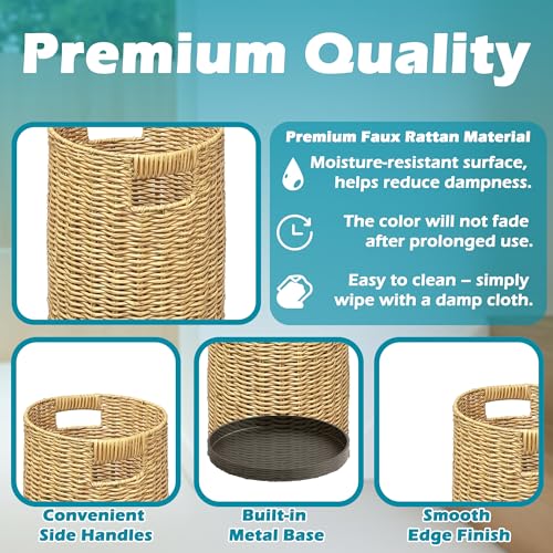 Rattan Umbrella Holder 21" H X 10" D, Handmade Wicker Umbrella Stand Indoor with Dip Tray, Sturdy Umbrella Holders for Entryway, Umbrella Bucket Fits Mudroom,Walking Canes,Home,Office (Oak) - color: Oak