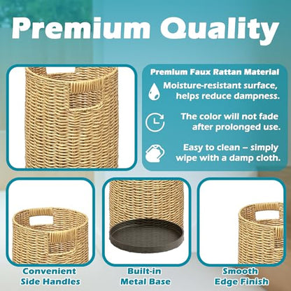 Rattan Umbrella Holder 21" H X 10" D, Handmade Wicker Umbrella Stand Indoor with Dip Tray, Sturdy Umbrella Holders for Entryway, Umbrella Bucket Fits Mudroom,Walking Canes,Home,Office (Oak) - color: Oak