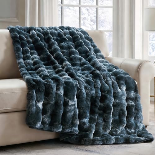Faux Rabbit Fur Bubble Throw Blanket, 50"x60", Marble Deep Indigo | Ultra Soft, Luxury Faux Rabbit Fur Throw, Thick Warm Bubble Blanket, Cozy Fluffy Reversible, for Bed, Couch, Chair, Sofa - color: Deep Indigo Marble, size: 50"x60"