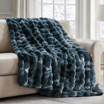Faux Rabbit Fur Bubble Throw Blanket, 50"x60", Marble Deep Indigo | Ultra Soft, Luxury Faux Rabbit Fur Throw, Thick Warm Bubble Blanket, Cozy Fluffy Reversible, for Bed, Couch, Chair, Sofa - color: Deep Indigo Marble, size: 50"x60"