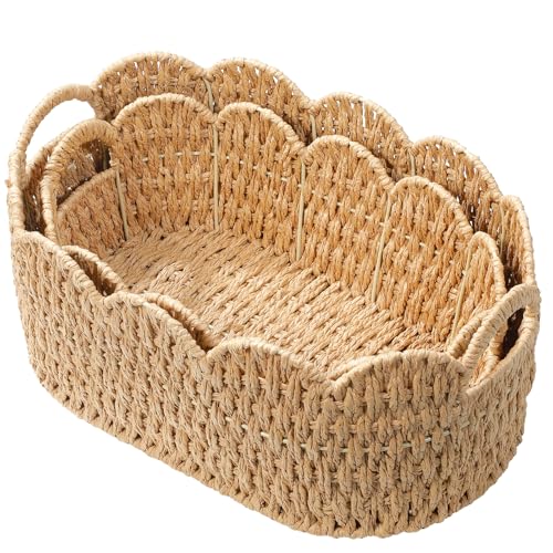 Coeusy Paper Rope Scalloped Basket Set of 2, Wicker Storage Baskets for Shelves,Gifts,Books,Toys,Cute Decor Rattan Baskets for Organizing,Natural Color - color: Natural