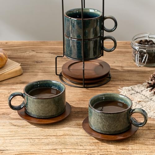LUKA 6 Ounce Porcelain Stackable Espresso Cups with Saucers and Metal Stand Set of 4, Ceramic Cappuccino Cups Set for Specialty Coffee Drinks, Latte, Cafe Mocha and Tea, Kiln Tide Glaze - color: Kiln Tide Glaze