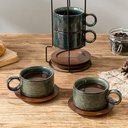 LUKA 6 Ounce Porcelain Stackable Espresso Cups with Saucers and Metal Stand Set of 4, Ceramic Cappuccino Cups Set for Specialty Coffee Drinks, Latte, Cafe Mocha and Tea, Kiln Tide Glaze - color: Kiln Tide Glaze