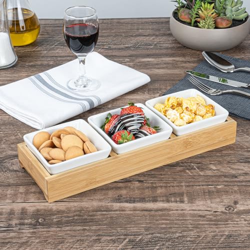 Restaurantware-6 Ounce Bowl Set with Tray - 1 Dishwashable Serving Set, Includes 3 Porcelain Bowls And 1 Bamboo Tray, Durable, White Porcelain And Bamboo Bowl And Platter Kit, Reusable, Freezable - size: Triple set, style: Modern