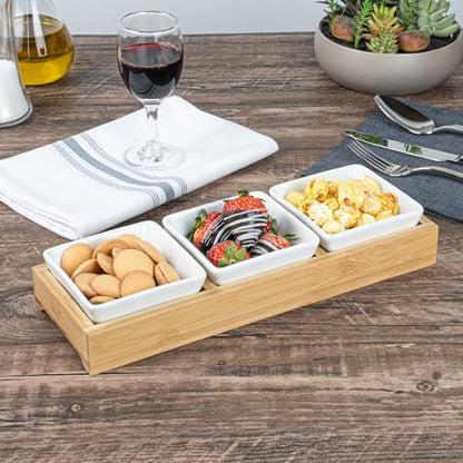 Restaurantware-6 Ounce Bowl Set with Tray - 1 Dishwashable Serving Set, Includes 3 Porcelain Bowls And 1 Bamboo Tray, Durable, White Porcelain And Bamboo Bowl And Platter Kit, Reusable, Freezable - size: Triple set, style: Modern