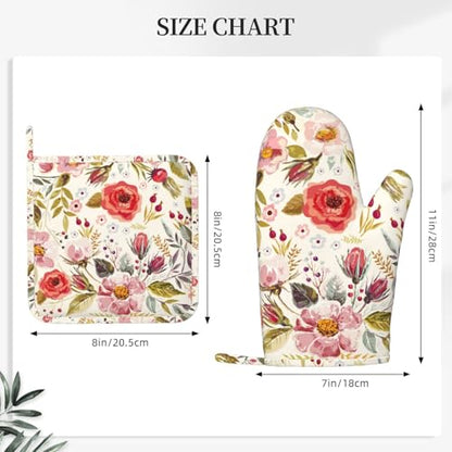 Wildflowers Floral Oven Mitts Pot Holders Set Silicone Heat Resistant Botanical Floral Oven Mitts and Hot Pads Potholders Non-Slip Oven Gloves for Cooking Baking Grilling BBQ - color: Red Green Beige