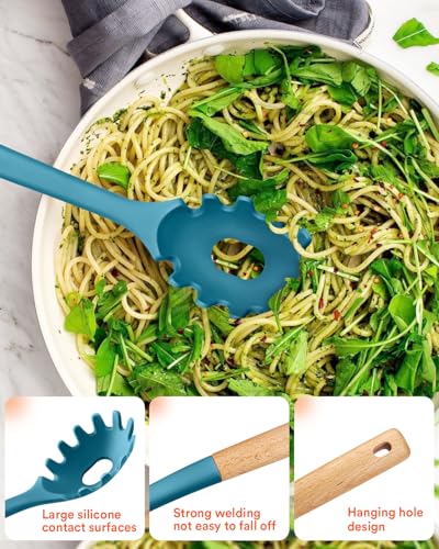 Kitchen Utensils Set, 13PCS Silicone Cooking Utensils, Heat Resistant Kitchen Utensil Spatula Set for Nonstick Cookware, Wooden Handles Kitchen Gadgets Tools Set (BLUE) - color: Blue