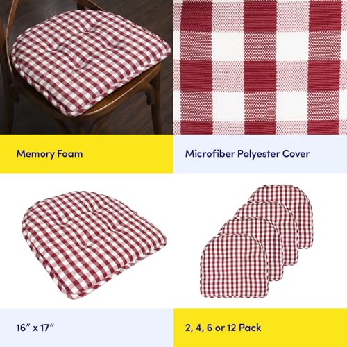 Sweet Home Collection Chair Cushion Memory Foam Pads Tufted Slip Non Skid Rubber Back U-Shaped 17" x 16" Seat Cover, 2 Count (Pack of 1), Checkered Wine/White - color: Checkered Wine/White, size: 2 Pack, style: Foam Pads