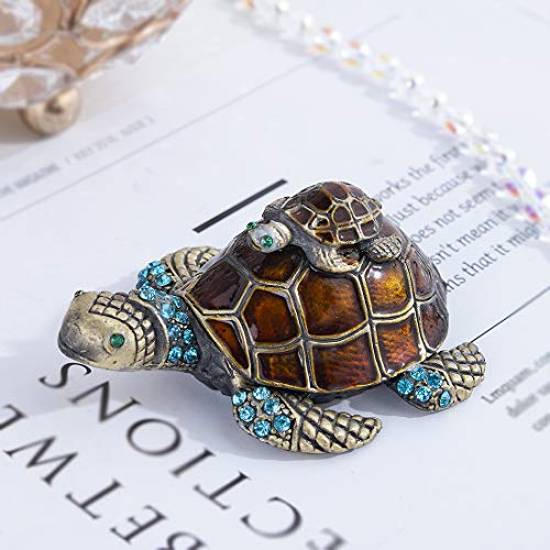 YU FENG 2.7 Inch Mother and Baby Turtle Figurines Jewelry Trinket Boxes | Hand-Painted Enamel Figurine, Sparkling Crystal Shell, Jewelry Keepsake Box, Decorative Animal Collectible Gift - color: brown