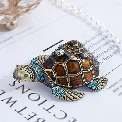 YU FENG 2.7 Inch Mother and Baby Turtle Figurines Jewelry Trinket Boxes | Hand-Painted Enamel Figurine, Sparkling Crystal Shell, Jewelry Keepsake Box, Decorative Animal Collectible Gift - color: brown