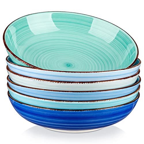 vancasso Bonita 38 oz Ceramic Pasta Bowls Set of 6, Microwave & Dishwasher Safe, 8.5 Inch Elegant Shallow Bowls Set for Pasta, Salad, & Soup – Large Capacity Pasta Plates Sets, Blue - color: Cool Color, size: 38 Oz