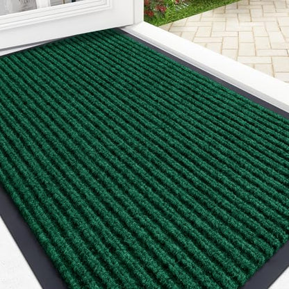 OLANLY Green 2 Piece Set, Indoor Outdoor Entrance Front Door Mat (29.5x17) & Geometric Door Mat (29.5x17)