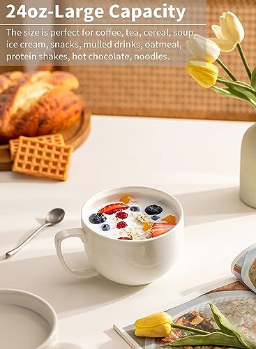 Teocera Soup Mugs with Handles, White Coffee Mugs Set of 4, Large Soup Cups - Striped Design - 24 Ounce Porcelain Jumbo Mugs Bowls for Coffee, Oatmeal, Hot Cocoa, Cereal - color: White