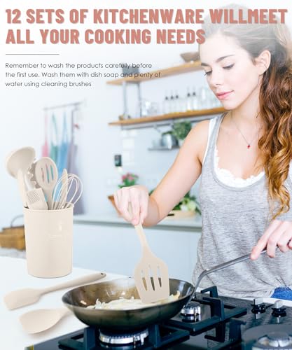 Khaki Kitchen Utensils Set-12 Pieces Silicone Cooking Utensils Set | Dishwasher Safe 392°F Heat Resistant Spatula Set Kitchen Utensil Set for Nonstick Cookware,Best Kitchen Tools with Holder - color: Khaki