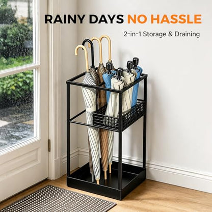 Freestanding Umbrella Stand Rack for Entryway, Metal Umbrella Holder with Removable Drip Tray and Storage Basket, Large Capacity Organizer for Long and Folding Umbrellas Indoor Office Home (Black)