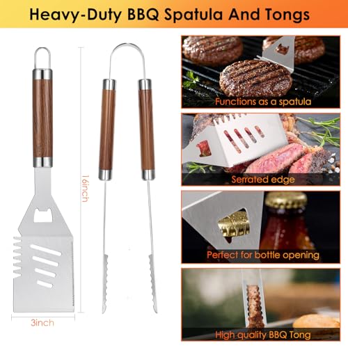 Yoehka BBQ Grilling Accessories Set, 34Pcs Heavy Duty Grill Tools, Brown | For Outdoor Camping, Grilling Gifts for Fathers Day, Men Dad, Stainless Steel Barbecue Utensils Kit, Includes Mats and Glove - style: Brown handle