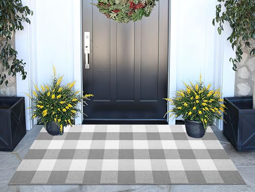 Grey and White Outdoor Rug 24"x51"Cotton Washable Checkered Front Porch Mat | Hand-Woven Layered Doormat Farmhouse Entryway Rug For Front Hello/Welcome Mat Decor - color: Grey Buffalo, size: 24''x 51''
