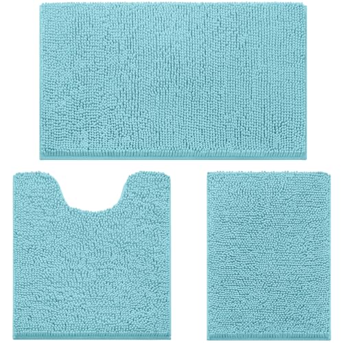 HOMEIDEAS 3 Pieces Bathroom Rugs, Ultra Soft Non Slip Absorbent Chenille Toilet Bath Mat Set (Aqua Blue) - color: Blue-aqua Blue, size: 17"x24"+20"x32"+U Shape 20"x24"