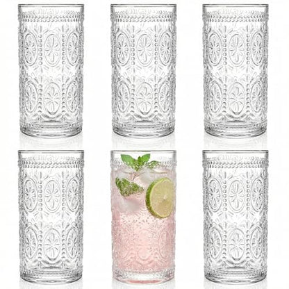 Bekith 6 Pack Romantic Drinking Glasses, 12 oz Highball Glasses, Thick Water Glasses, Tall Glass Cups for Beverages, Beer, Cocktail, Vintage Glassware Set for Dinner Parties, Bars, Restaurants