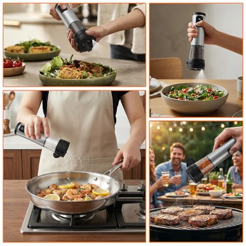 Rechargeable Electric Salt and Pepper Grinder Set with LED Light, 5-Level Adjustable Coarseness, 2-Speed Automatic Mills, 2 x 100ml Large Capacity, Black | Automatic Electric Salt and Pepper Shakers with Large Capacity, 2-Speed Setting, 5-Level Adjustable