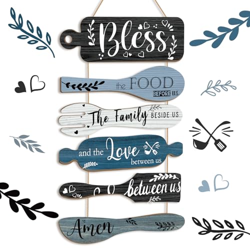 Geetery 6 Pcs Bless The Food Before Us Farmhouse Kitchen Wall Decor Dining Room Collage Decorations Wall Art Rustic Hanging Wooden Roped Sign 13x21 Inches Vertical(Vivid Colors) - color: Vivid Colors, style: Bless