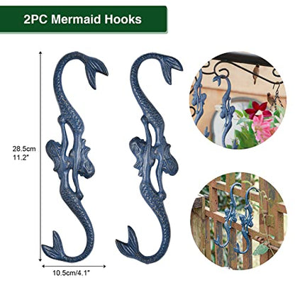 Sungmor Cast Iron Plant Hangers, 2PC Mermaid & 11 Inch Length, Large S Hooks for Hanging Plants, Ceiling Extender Hooks for Hanging Flower Basket, Planter, Macrame Plant Holder, Lantern, Windchime | Large S Hooks for Hanging Plants, Ceiling Extender Hooks