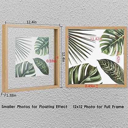 MUYE 12x12 Floating Frame Set of 2,Double Glass Rustic Square Photo Frame,Display Any Size Photo up to 12x12,Wall Mount or Tabletop Standing Natural - color: Natural, size: 12x12