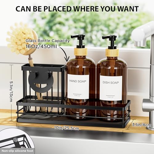 Moforoco Kitchen Dish Soap Dispenser Set, 16OZ Glass Bottle, Hand and Dish Soap Dispenser Set, Instant Dry Tray, Brush Holder with Smiley Face Sponge Holder (Black Tray+Amber Bottle+Labels) - color: Black Tray+amber Bottle+labels