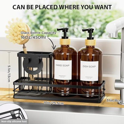 Moforoco Kitchen Dish Soap Dispenser Set, 16OZ Glass Bottle, Hand and Dish Soap Dispenser Set, Instant Dry Tray, Brush Holder with Smiley Face Sponge Holder (Black Tray+Amber Bottle+Labels) - color: Black Tray+amber Bottle+labels