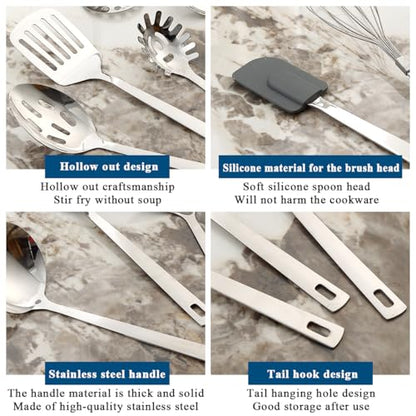 Kitchen Cooking Utensils Set 26 Pieces, Stainless Steel Heavy Duty Sturdy Kitchen Tool Set with Hooks, Metal Spatula & Spoon Set Ergonomic Hanging Handles for All Cooking Tasks